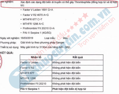 xét nghiệm Thrombophilia đột biến PAI 1