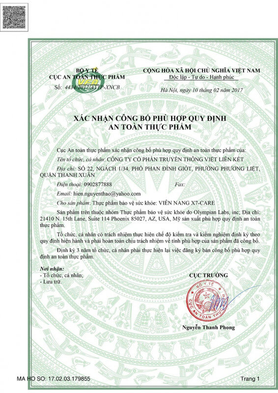 X7 Care đạt tiêu chuẩn an toàn thực phẩm