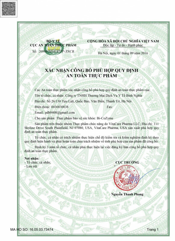 Giấy đăng ký của Bi-Cozyme
